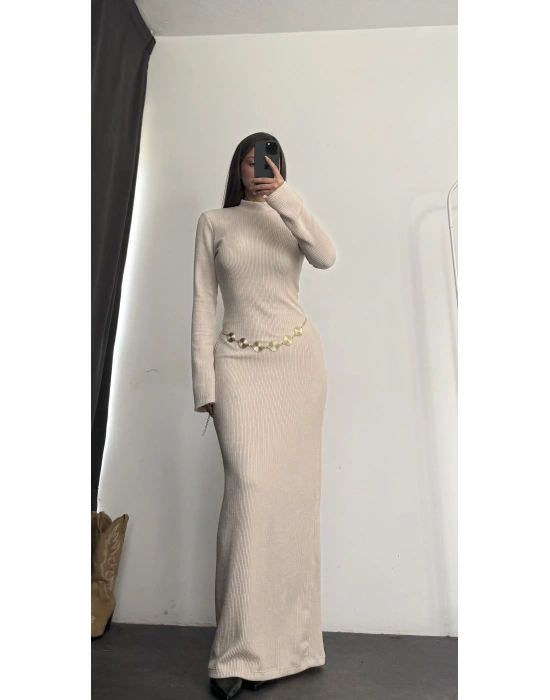 Nicole Kemerli Elbise - Bej