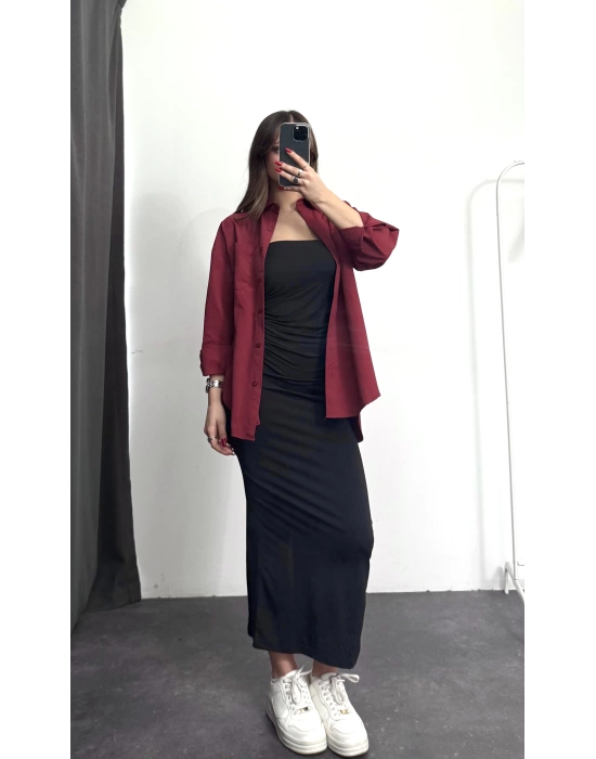 Niha Oversize Gömlek - Bordo