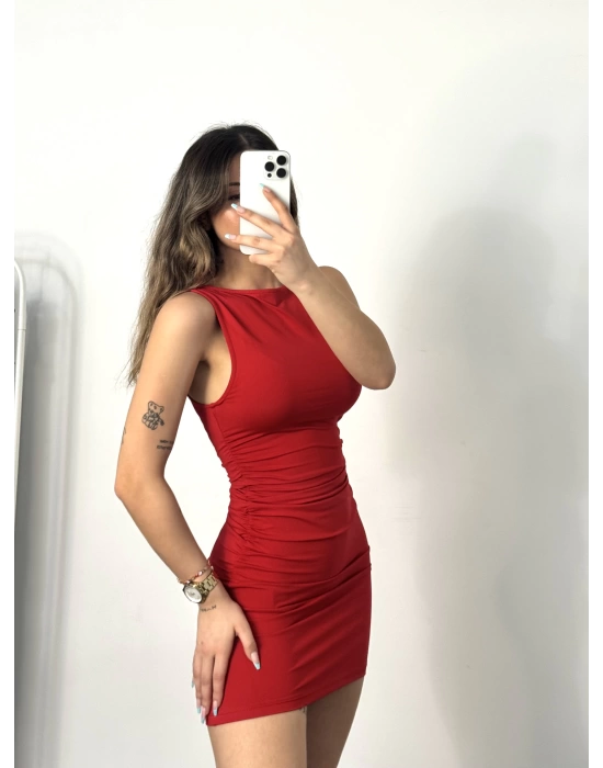 Nixie Yanı Büzgülü Elbise - Kırmızı