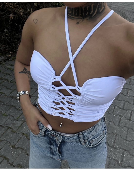 Önü Çapraz Büzgülü Crop - Beyaz
