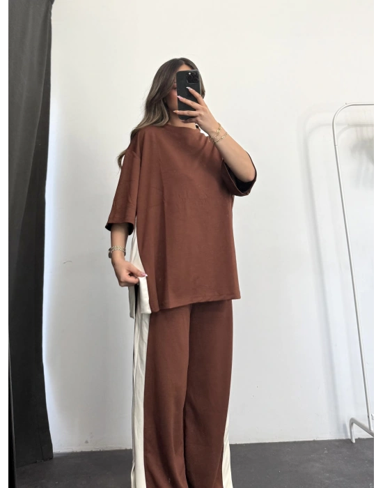 Oversize Şeritli Takım - Kahve