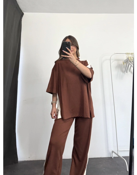 Oversize Şeritli Takım - Kahve
