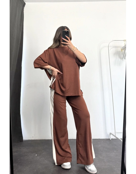 Oversize Şeritli Takım - Kahve