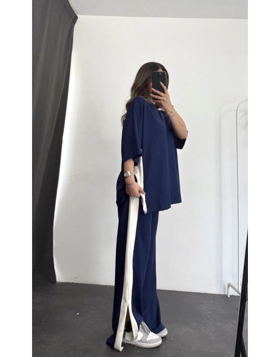Oversize Şeritli Takım - Lacivert