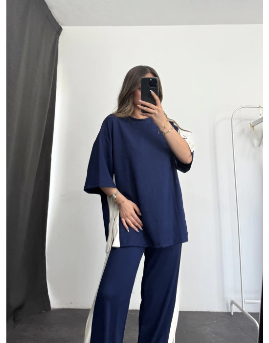 Oversize Şeritli Takım - Lacivert
