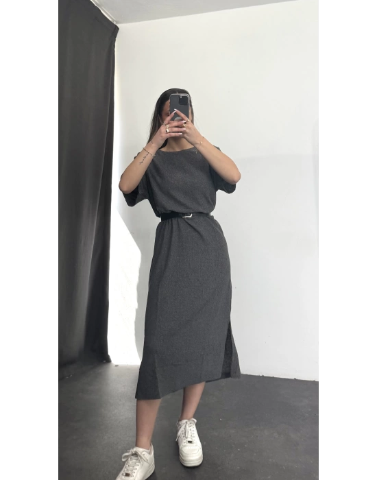 Oversize Yırtmaçlı Elbise - Antrasit