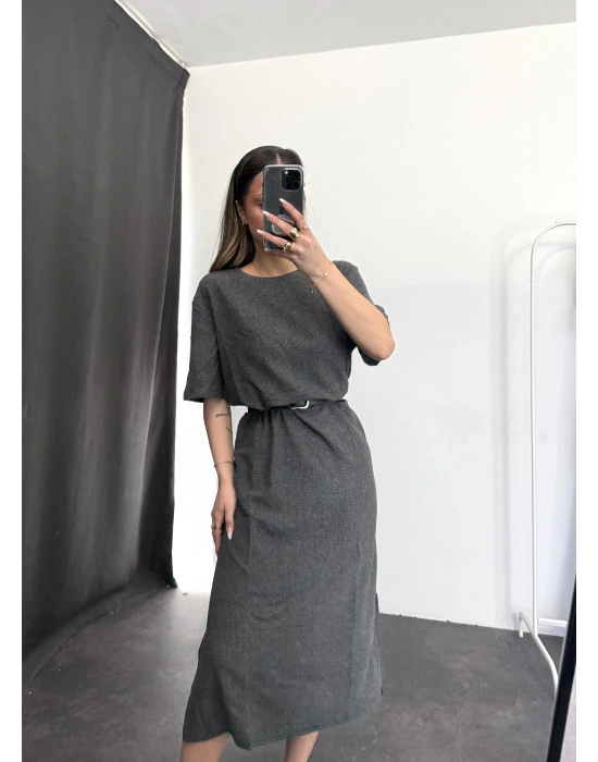Oversize Yırtmaçlı Elbise - Antrasit