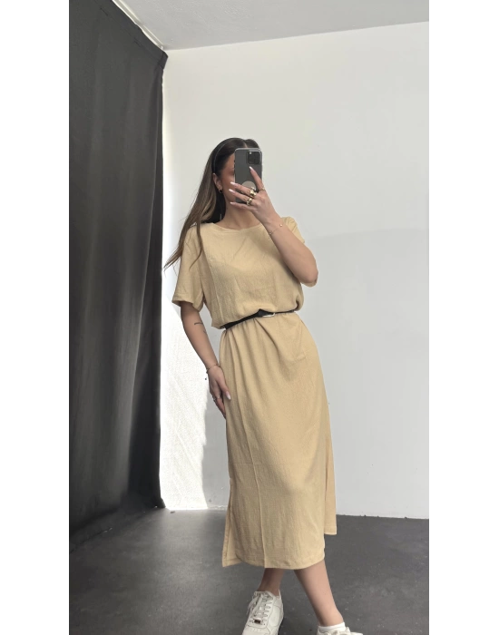 Oversize Yırtmaçlı Elbise - Bej