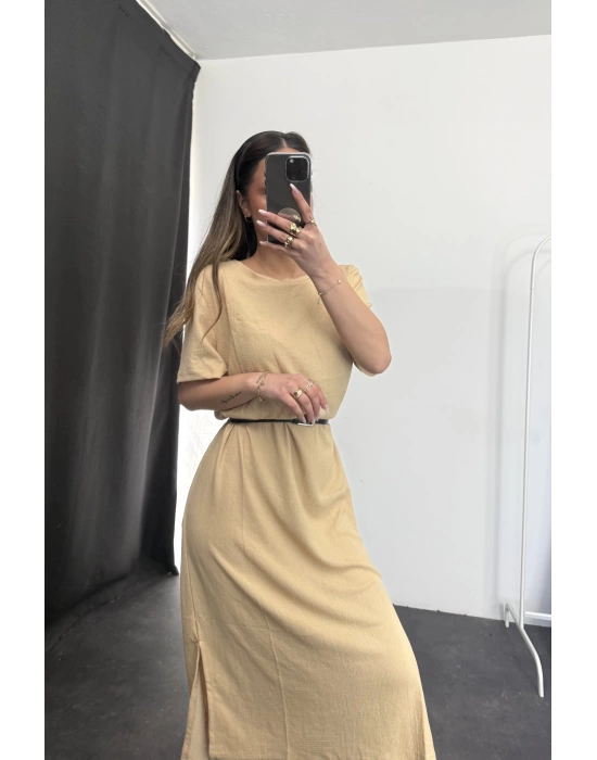Oversize Yırtmaçlı Elbise - Bej