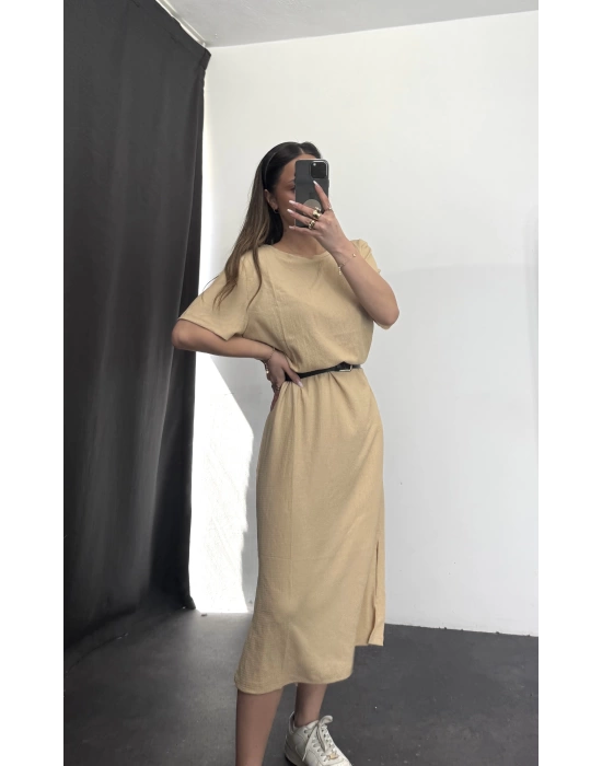 Oversize Yırtmaçlı Elbise - Bej