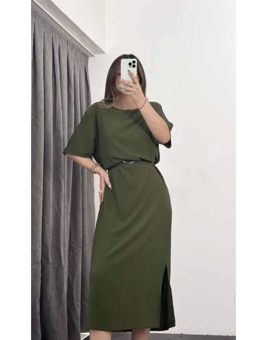 Oversize Yırtmaçlı Elbise - Haki