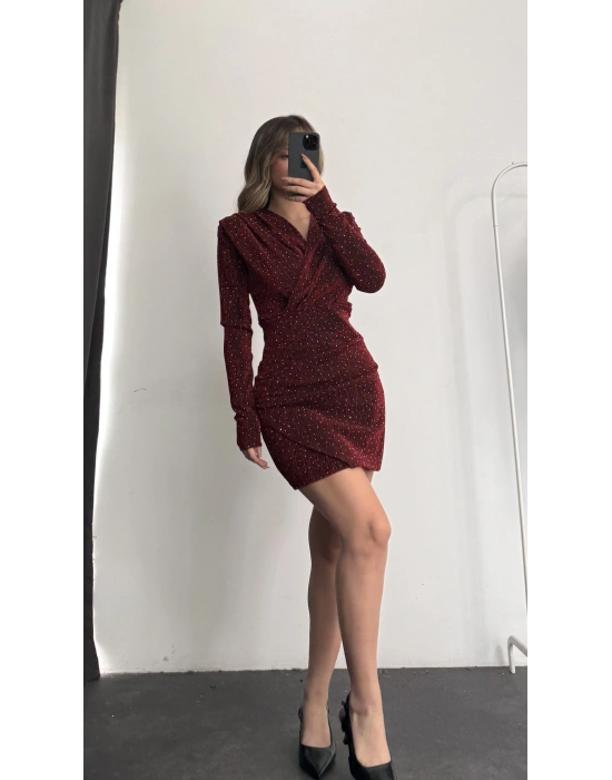 Owl Kruvaze Simli Elbise - Kırmızı