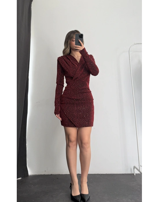 Owl Kruvaze Simli Elbise - Kırmızı