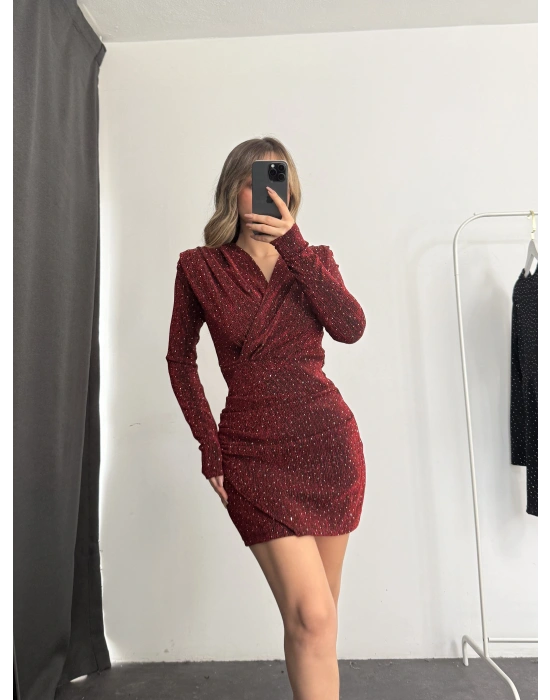 Owl Kruvaze Simli Elbise - Kırmızı