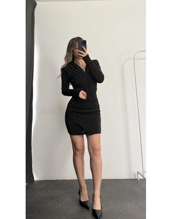 Owl Kruvaze Simli Elbise - Siyah