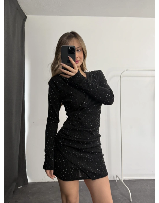 Owl Kruvaze Simli Elbise - Siyah