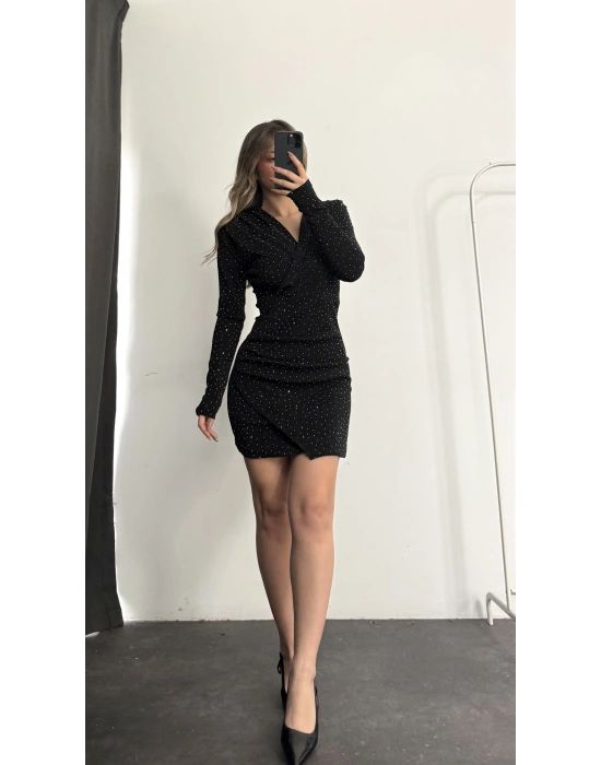 Owl Kruvaze Simli Elbise - Siyah