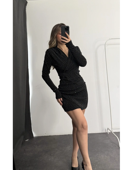 Owl Kruvaze Simli Elbise - Siyah