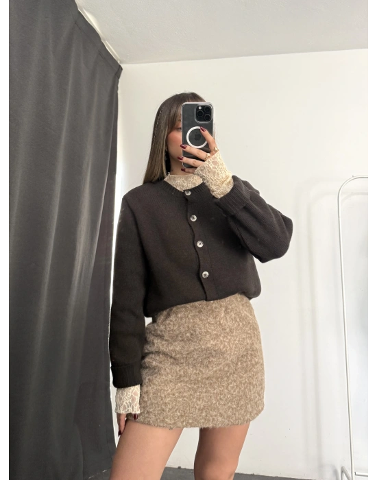 Paisley Triko Hırka - Kahve