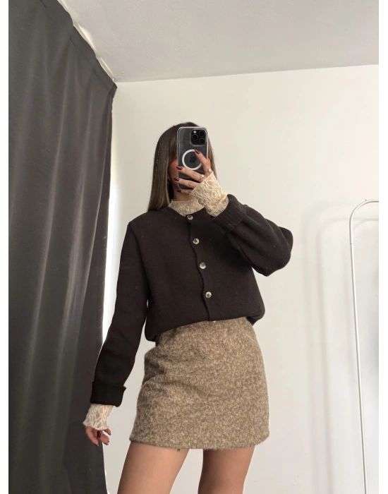 Paisley Triko Hırka - Kahve