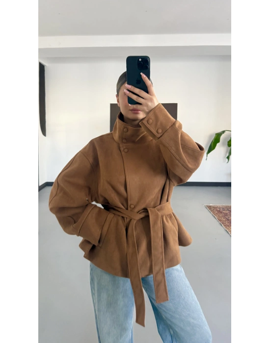 Pia Kuşaklı Süet Ceket - Taba