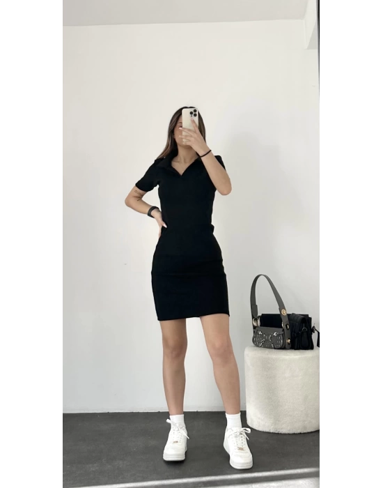 Polo Yaka Elbise-Siyah