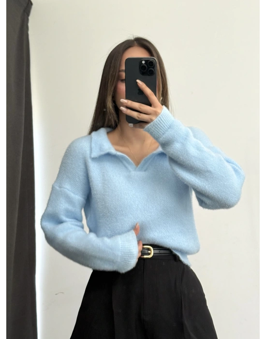 Polo Yaka Triko Kazak - Mavi