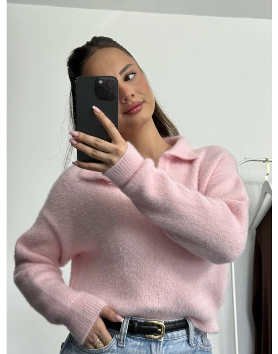 Polo Yaka Triko Kazak - Pembe
