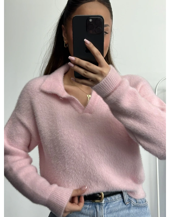 Polo Yaka Triko Kazak - Pembe