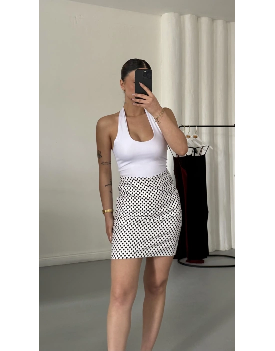 Puantiyeli Mini Etek - Beyaz