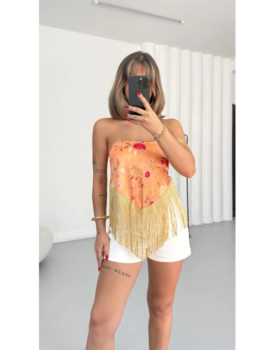 Püsküllü Fular Crop - Turuncu