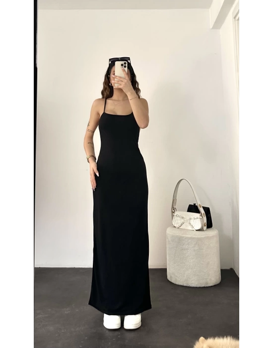 Rana Sırt Dekolte İp Asklı Elbise -Siyah