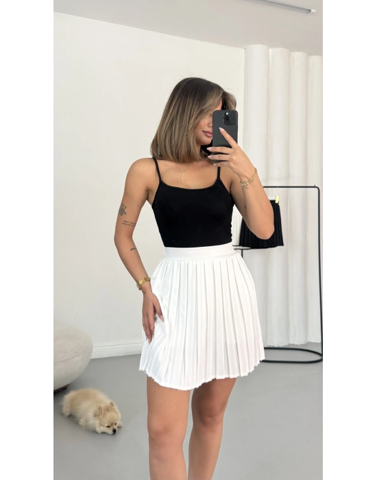 Rena Pileli Etek - Beyaz