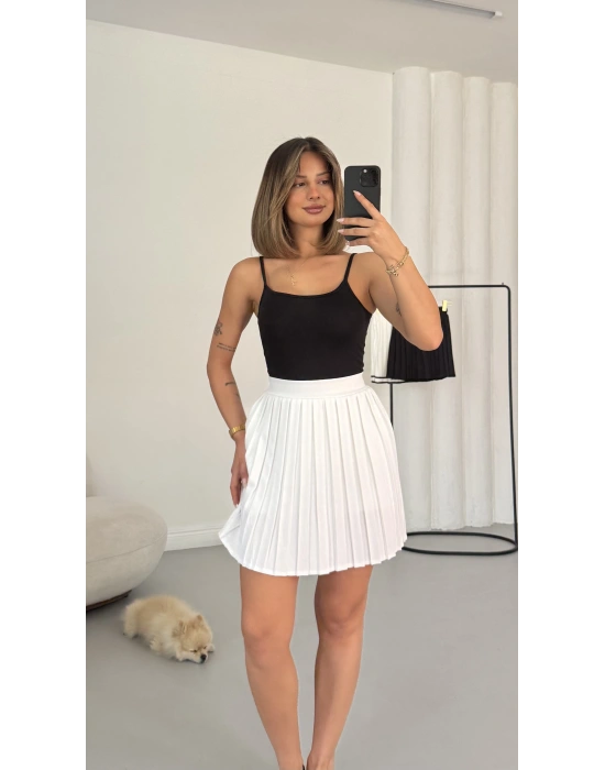 Rena Pileli Etek - Beyaz