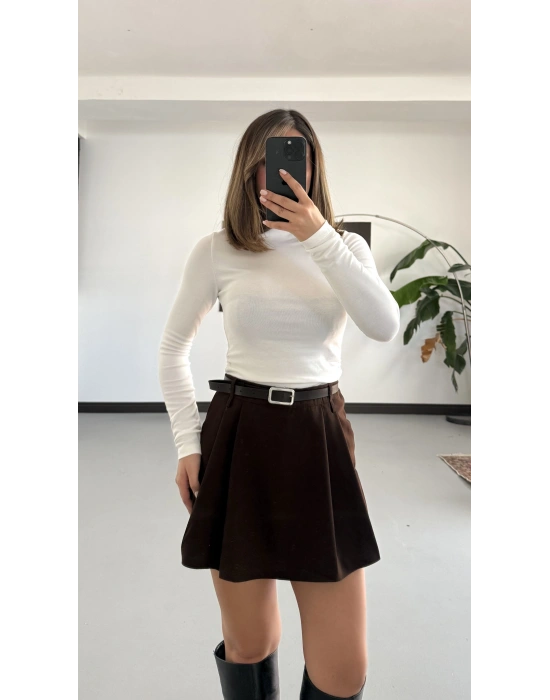 Rita Ön Pileli Şort Etek - Kahve