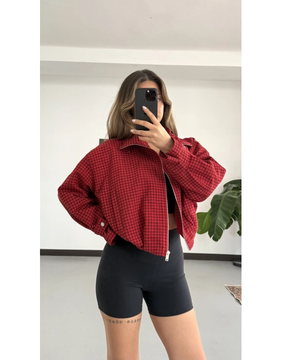 Rosella Ekose Bomber Ceket - Kırmızı
