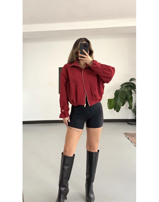 Rosella Ekose Bomber Ceket - Kırmızı
