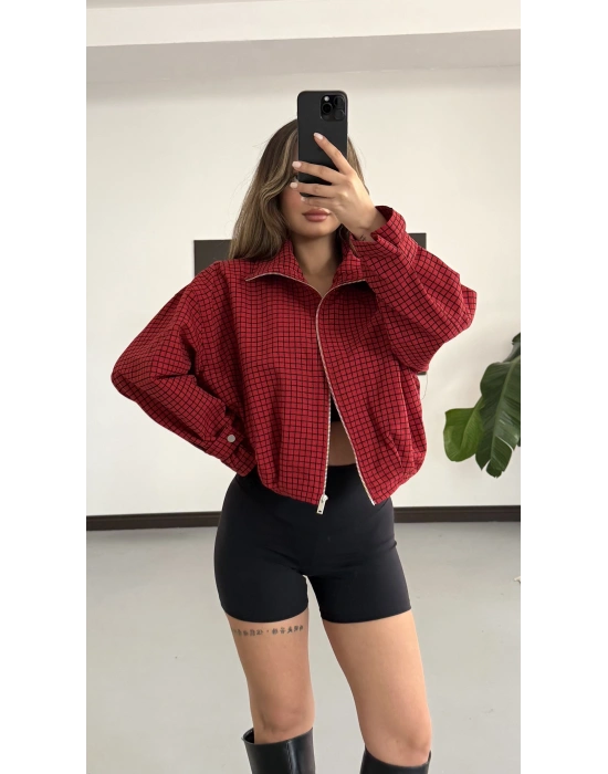 Rosella Ekose Bomber Ceket - Kırmızı