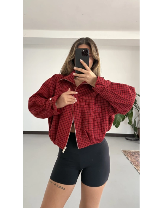 Rosella Ekose Bomber Ceket - Kırmızı