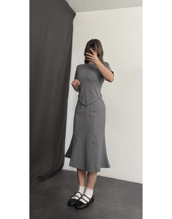 Sadie Kemerli Balık Elbise - Gri