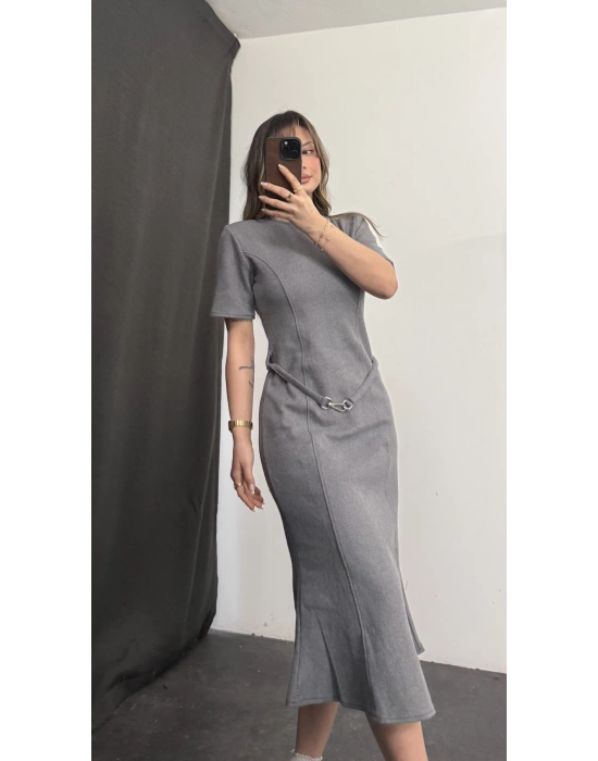 Sadie Kemerli Balık Elbise - Gri