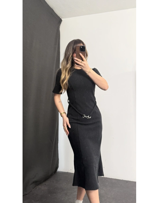 Sadie Kemerli Balık Elbise - Siyah