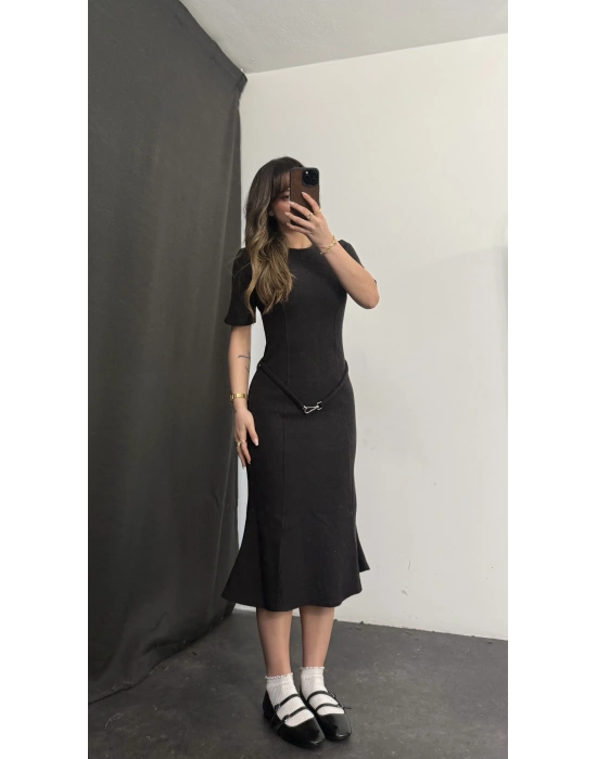 Sadie Kemerli Balık Elbise - Siyah