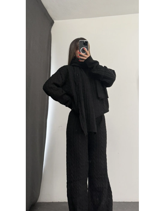 Şal Detay Üçlü Takım - Siyah