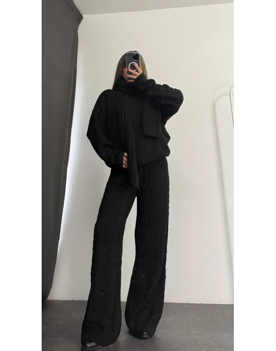 Şal Detay Üçlü Takım - Siyah