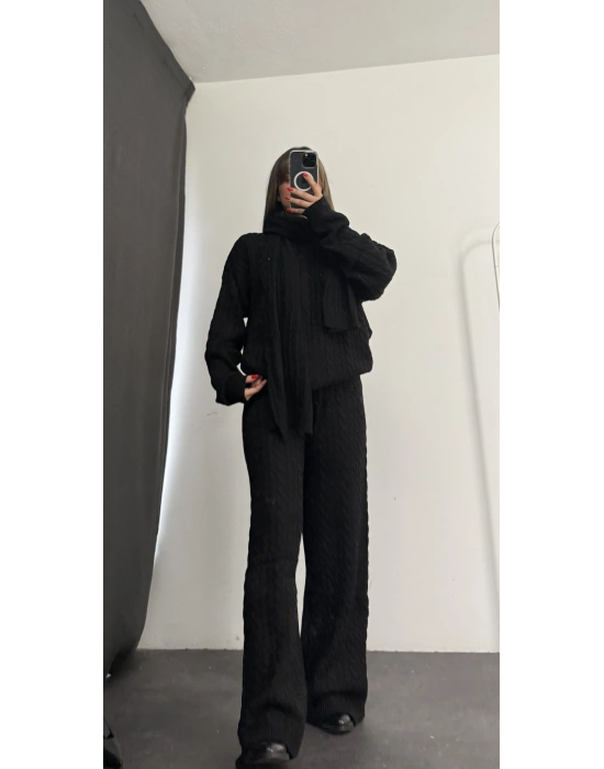 Şal Detay Üçlü Takım - Siyah