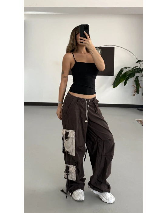 Salena Kontrast Kargo Pantolon - Kahve