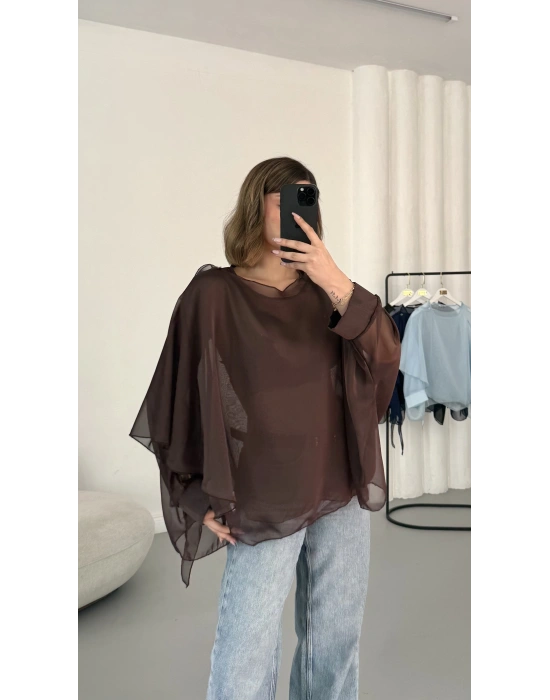 Sally Transparan Bluz - Kahve