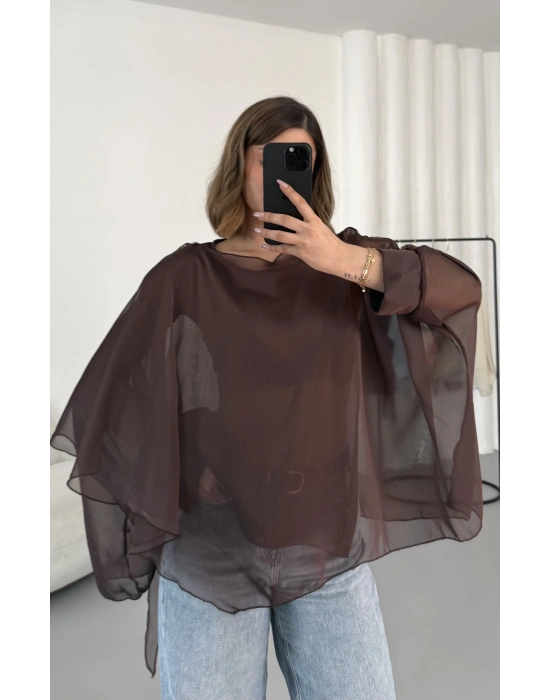 Sally Transparan Bluz - Kahve