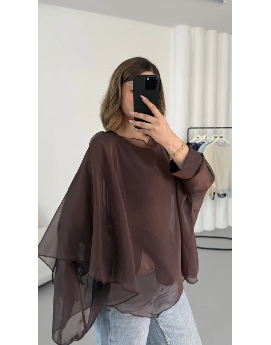 Sally Transparan Bluz - Kahve